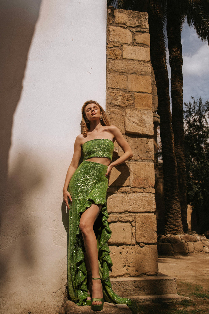 JOANNA ECONOMOU DESIGNS, @joannaeconomoudesigns fashion designer resort and luxury wear occasion summer evening set Demi colour green warmer season Cyprus island