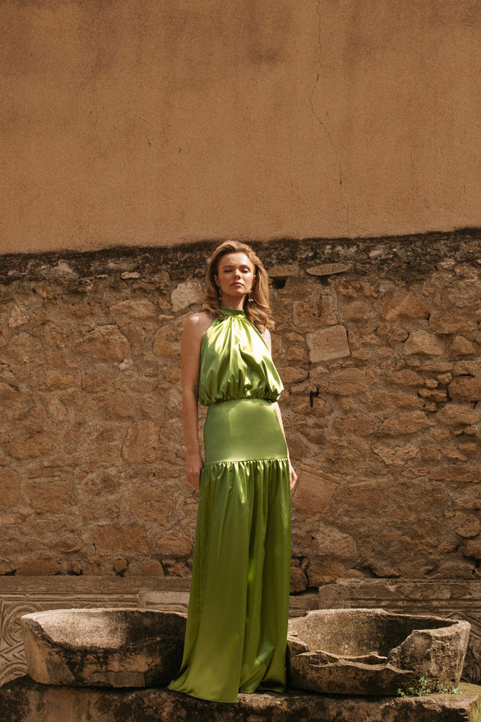 JOANNA ECONOMOU DESIGNS, @joannaeconomoudesigns fashion designer resort and luxury wear occasion summer classic dress Riba colour light green warmer season Cyprus island